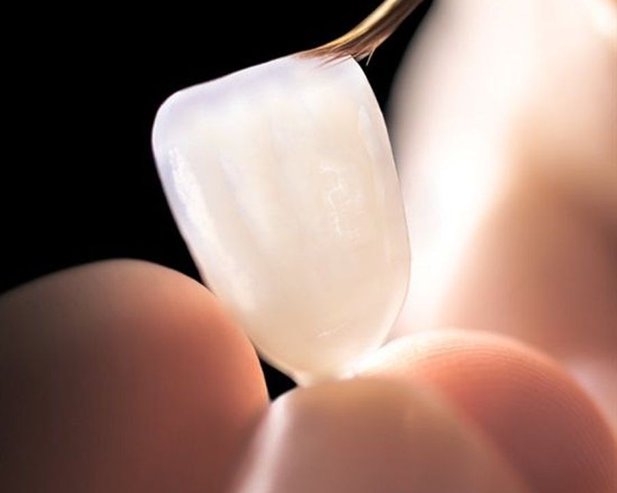 A thin porcelain veneer shell before it is bonded to the tooth